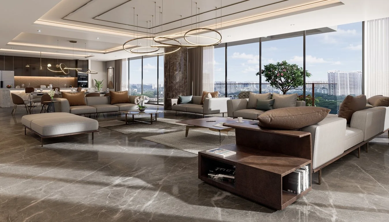 contemporary lake-facing residence interior in Dhaka